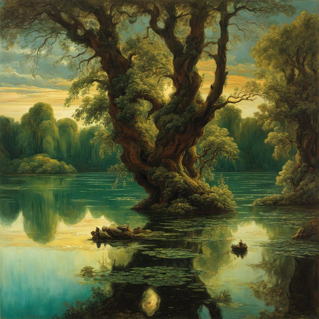 Romantic Lake Scene in Dark Impressionist Style