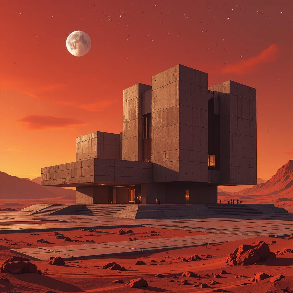 Brutalist American Embassy on Mars at Sunset