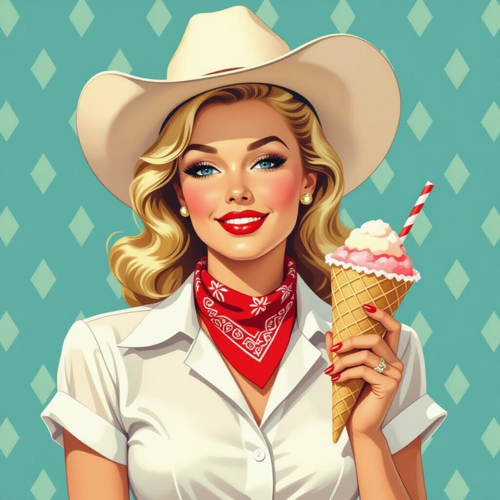 Glamorous Blonde Cowgirl with Snow Cone in 1950s Style