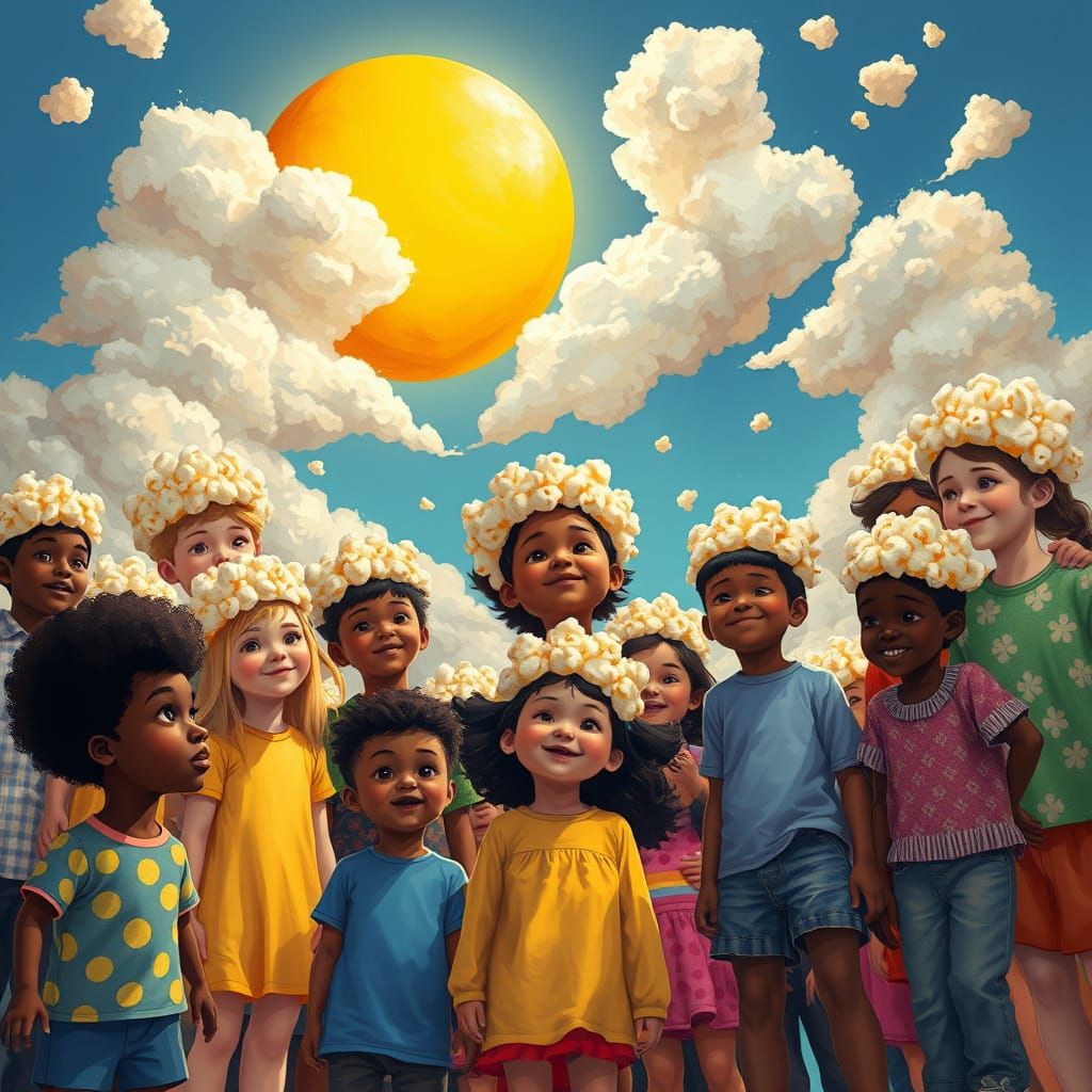 Children Playing Under Popcorn Clouds, Splash Art Style