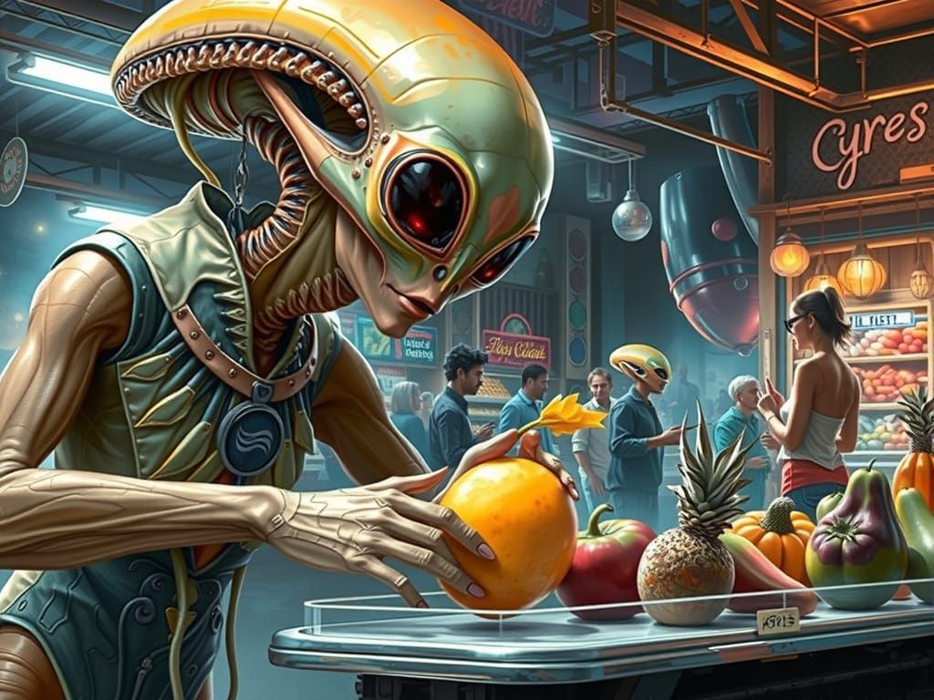 Alien Market Scene in Renaissance Comic Style