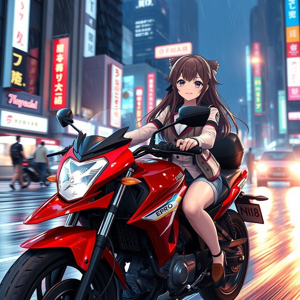 Anime Biker Girls in Neon City Rain