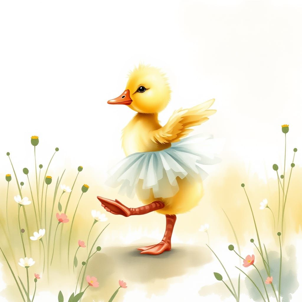 Duckling Ballerina in Watercolor Meadow