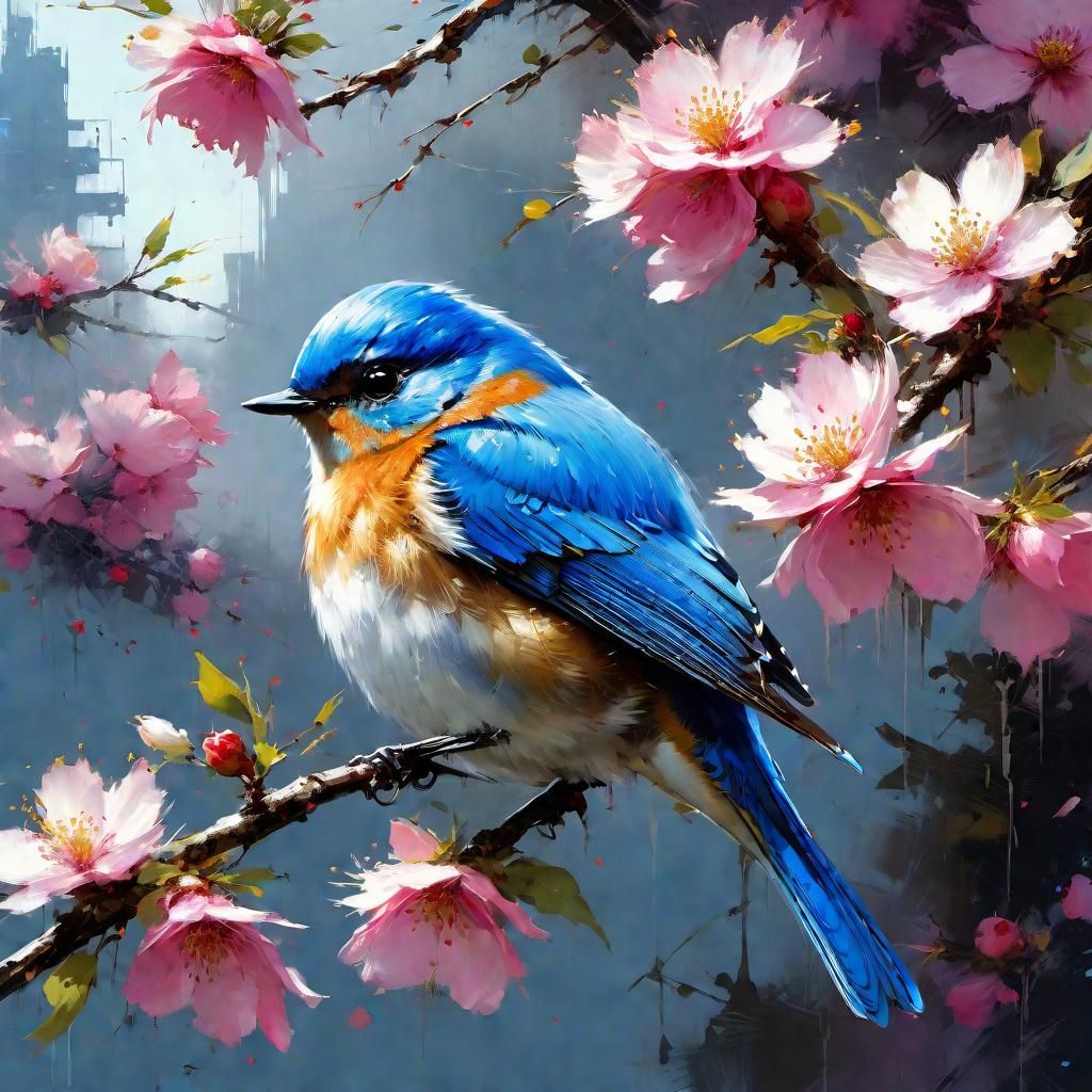 Delicate Bluebird Perched on Blossoming Apple Tree in Fine A...