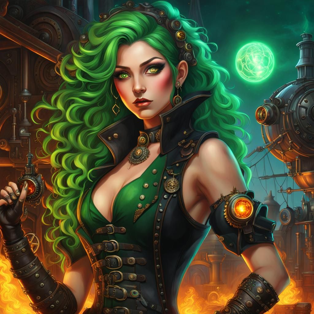 Steampunk Girl with Green Hair and Fireballs
