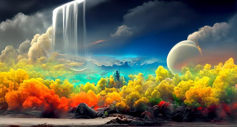 Tropical Landscape with Inverted Rainbow Sky