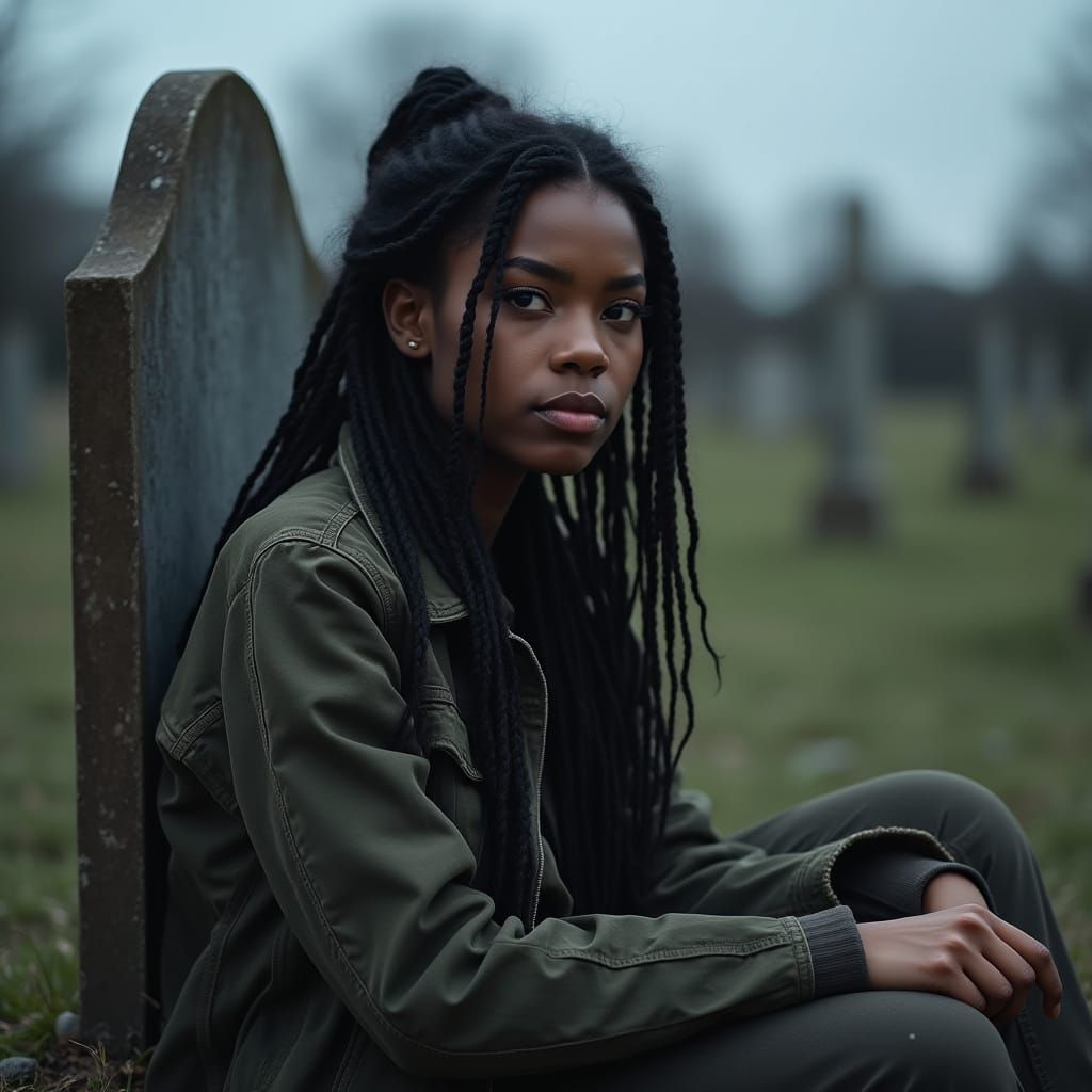 African American Woman at Gravestone in Realistic Photo