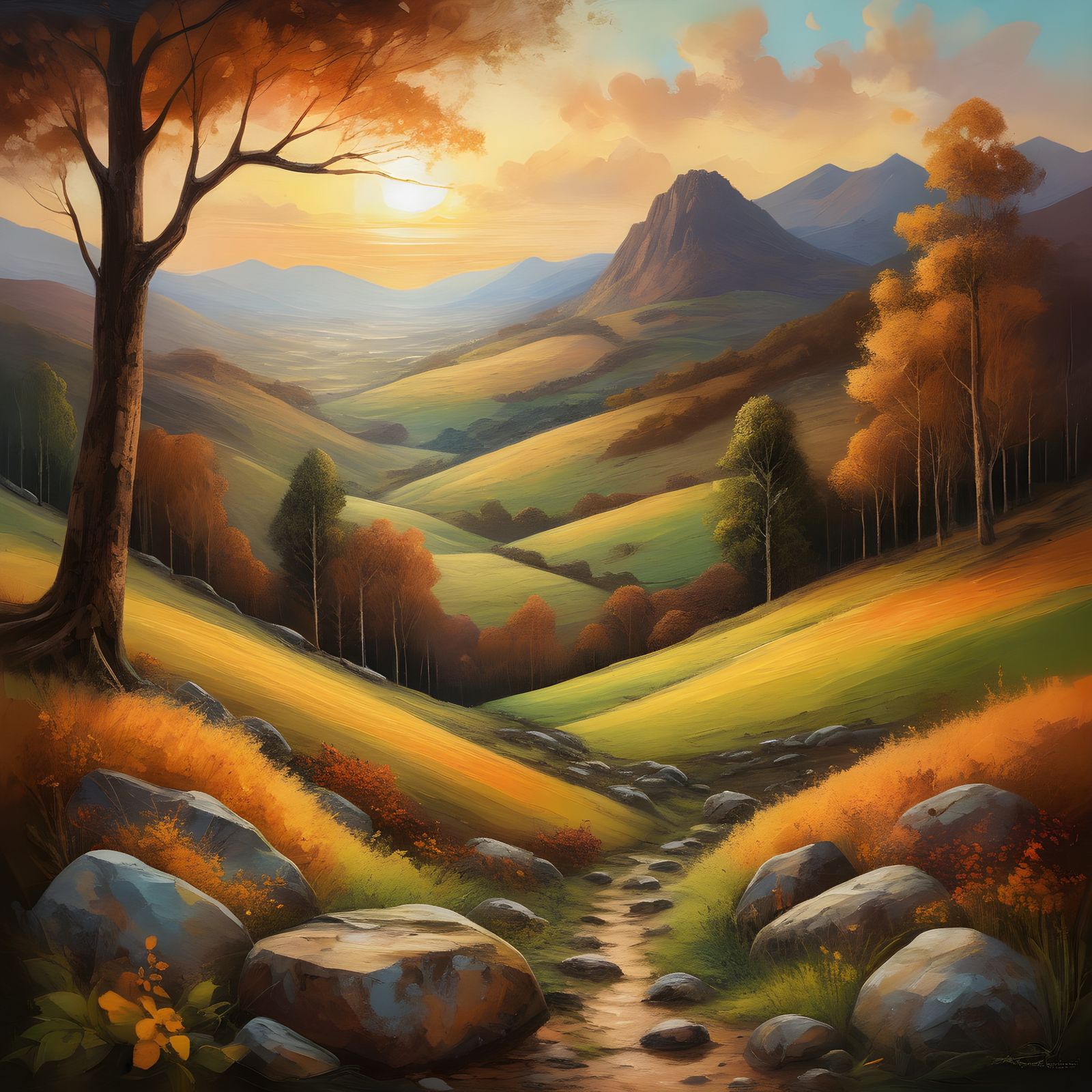 Serene Earthy Forest Landscape at Sunset