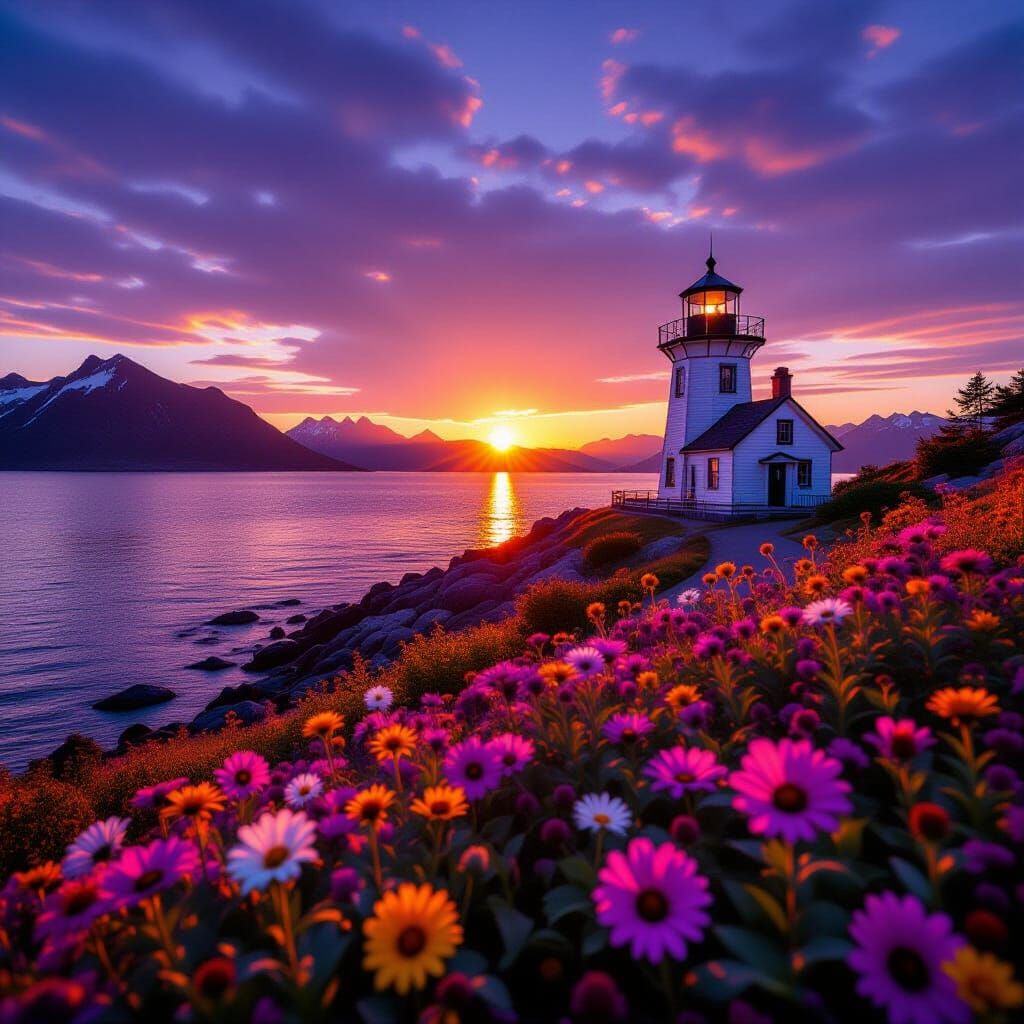 Magenta Sunset Over Mountain Landscape with Lighthouse