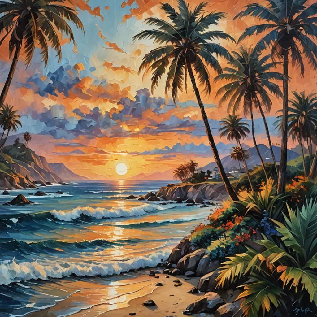California Coastal Sunset: Oil Painting in Post-Impressionis...