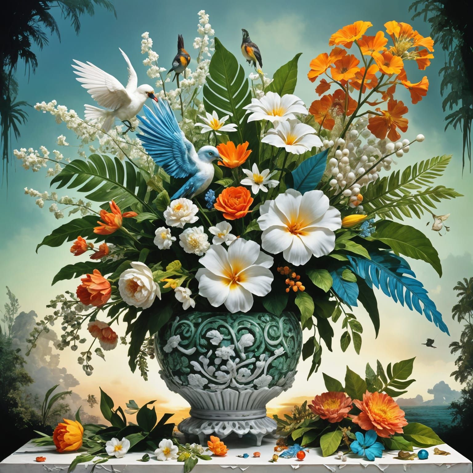 Stunning Floral Vase Illustration with Tropical Sunrise