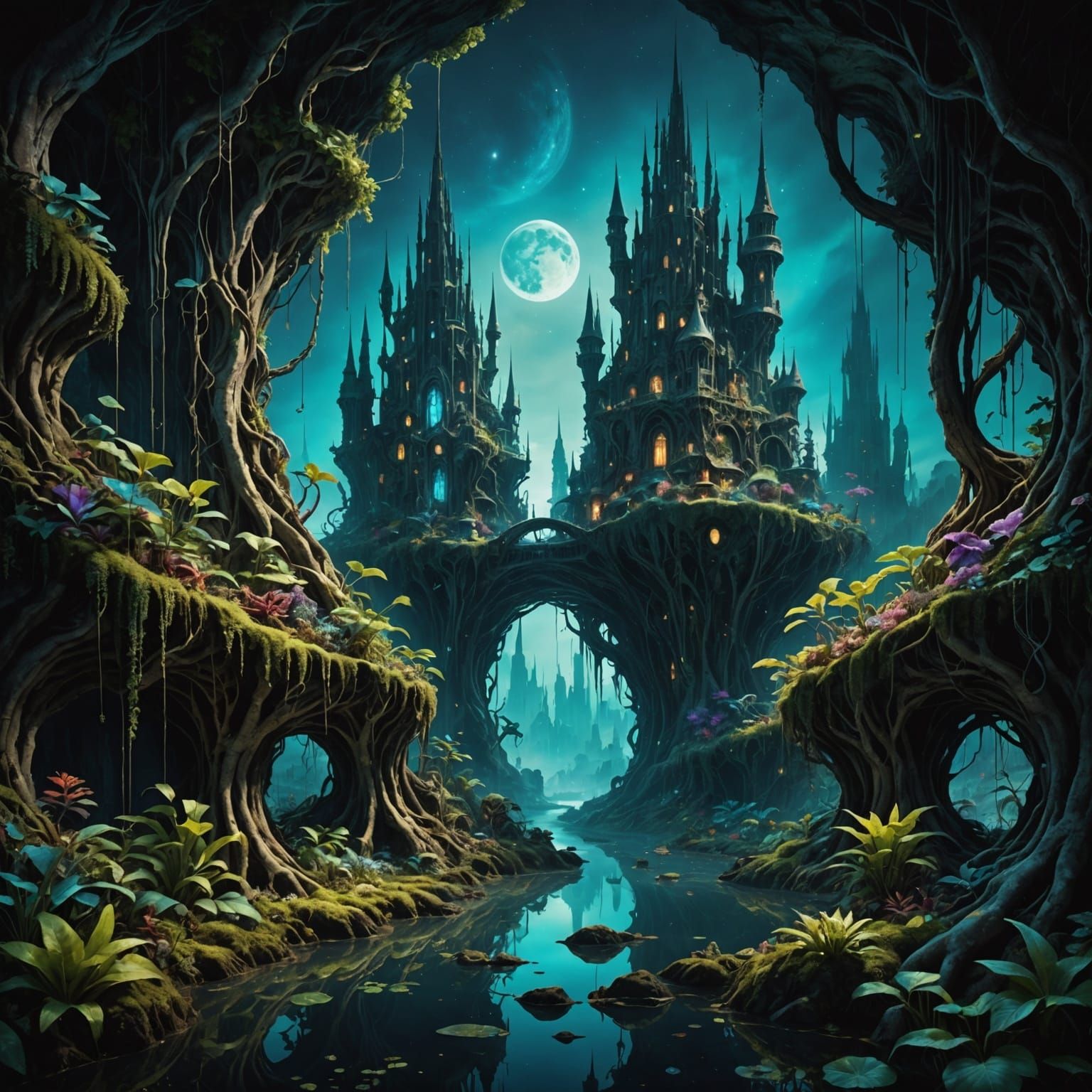 Bioluminescent Underground City with Root Architecture