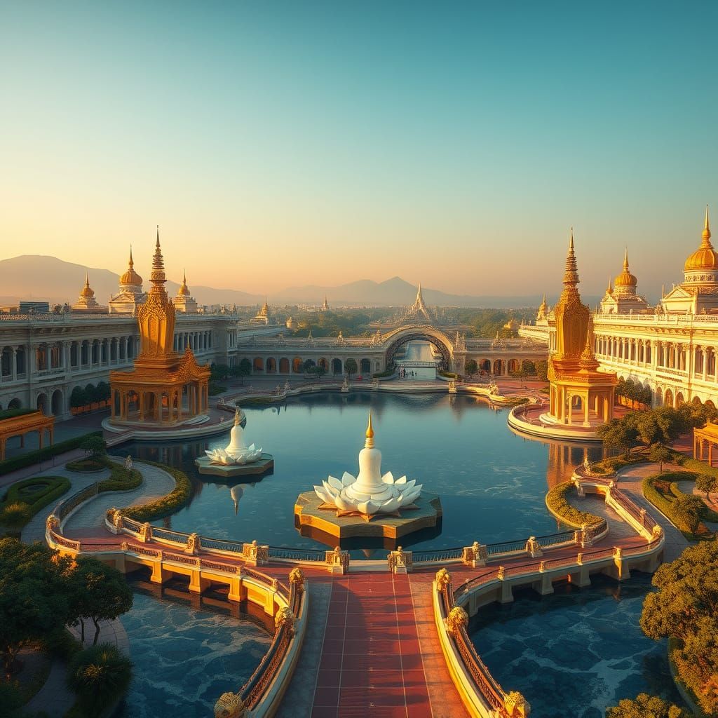 Surreal Thai Futuristic University Courtyards at Dusk