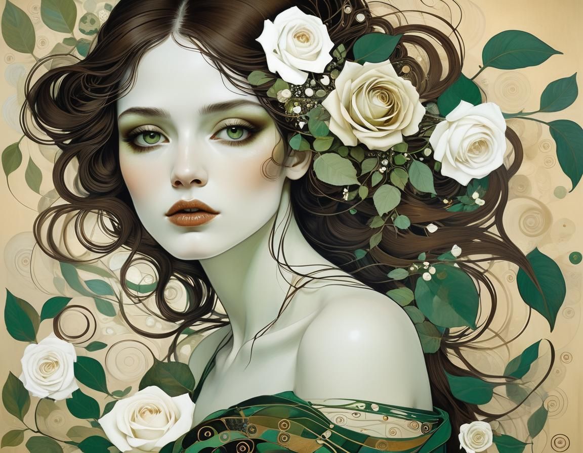 Elegant Woman with Roses, Art Nouveau Style