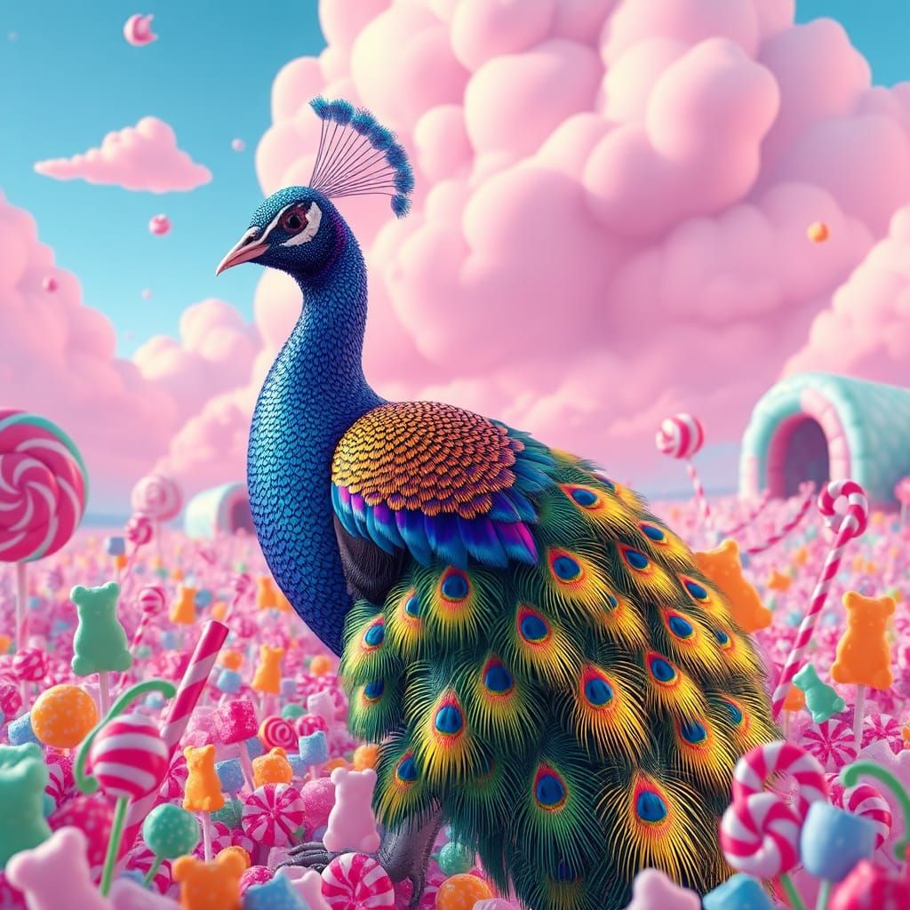 Peacock in Dreamlike Candyland: Digital Illustration