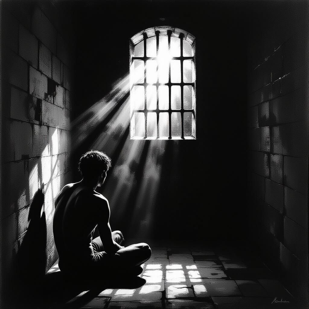 Baroque Painting of Man in Prison Cell with Sunrays