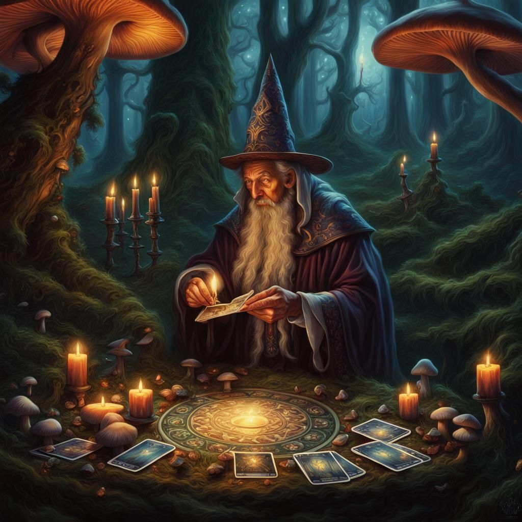 Wizard Reads Tarot in Enchanted Forest