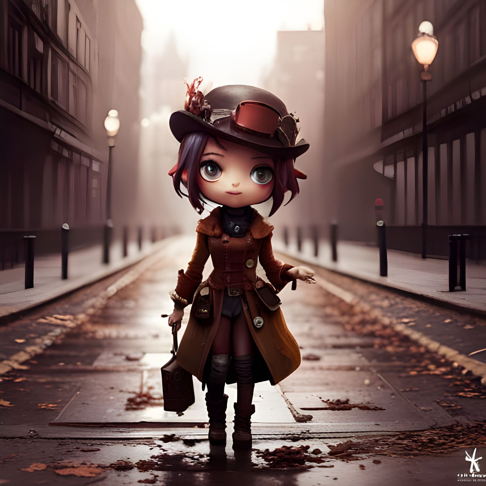 Steampunk Chibi Woman in London Portrait