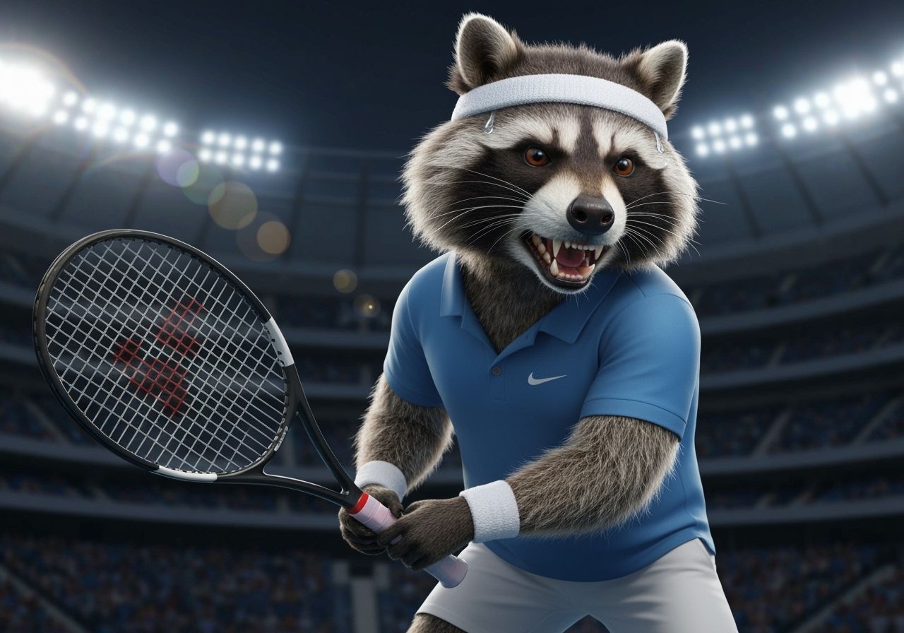 Tennis Raccoon Portrait in Stadium at Night