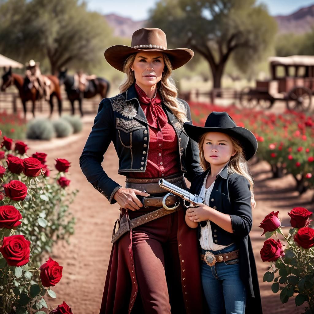 Cowgirl and Daughter in Rose Garden, Professional Photograph...