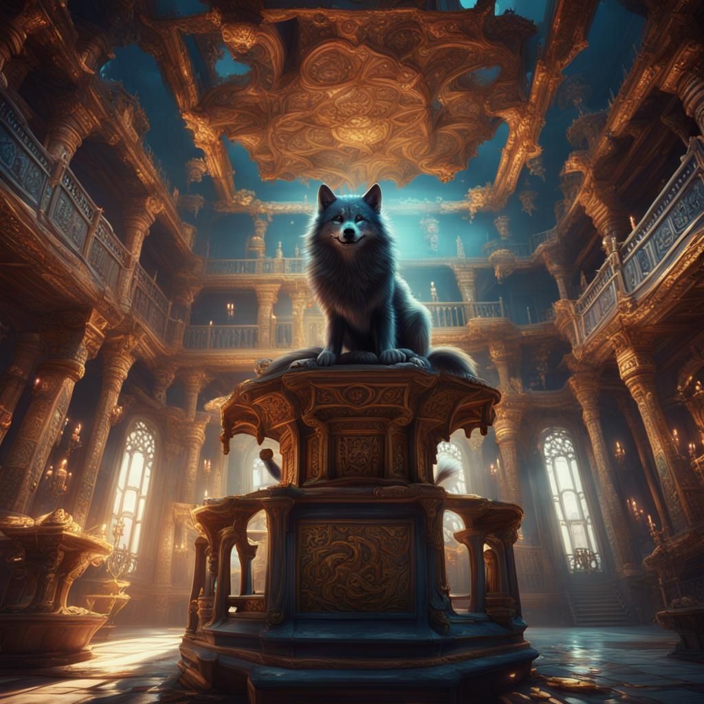 Wolf-Girl Upside Down in Palace: Fantasy Art