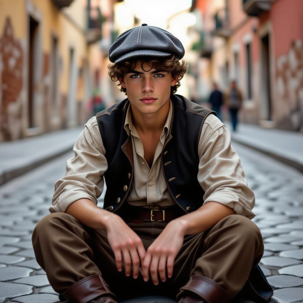 Youthful Rogue on Cobblestone Street in Dynamic Realism Styl...
