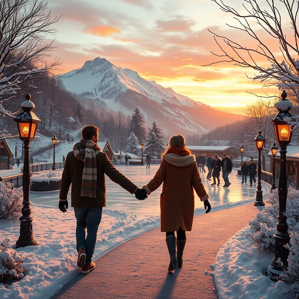 Couples Stroll Hand-in-Hand Under Snowy Winter Night Sky