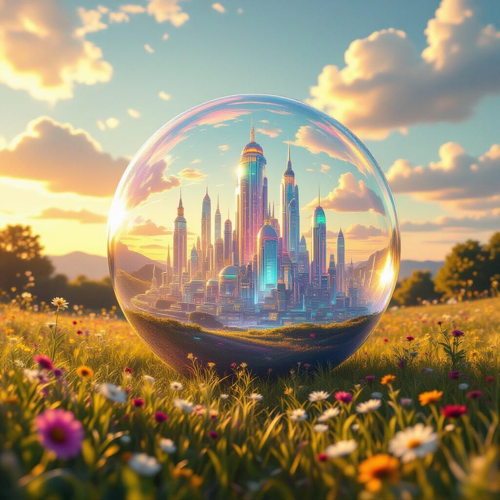 Tiny City Planet in Bubble Floating Through Meadow