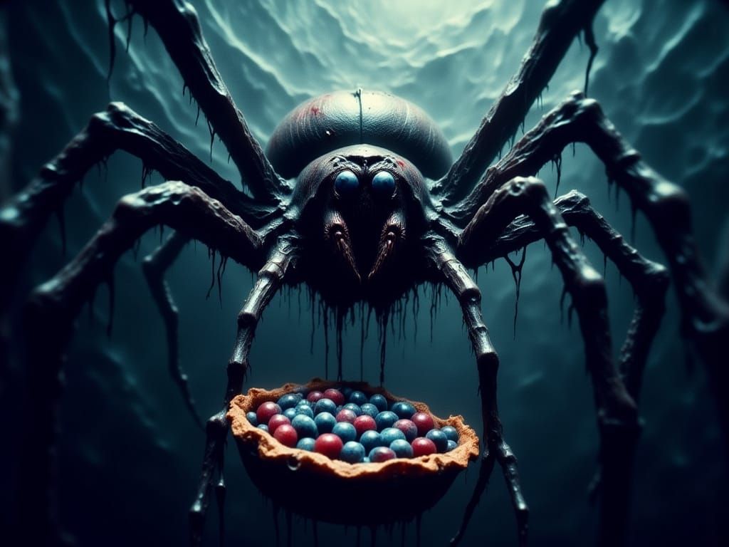 Giant Bloody Spider Looms Over Girl, 3D Render