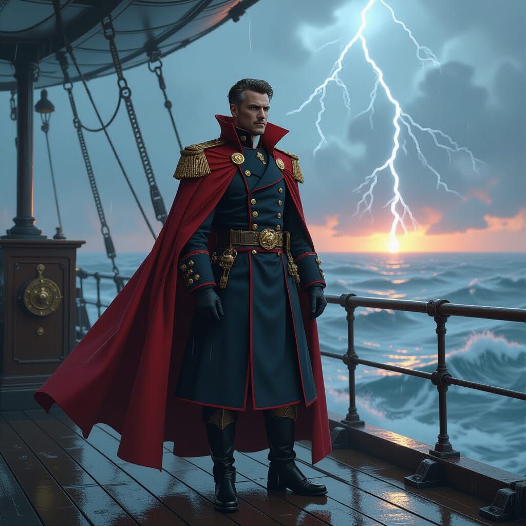 Steampunk Admiral Overlooking Turbulent Ocean