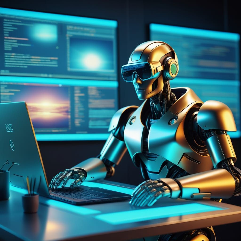 Retro-Futuristic Developer in a Calming Digital Workspace