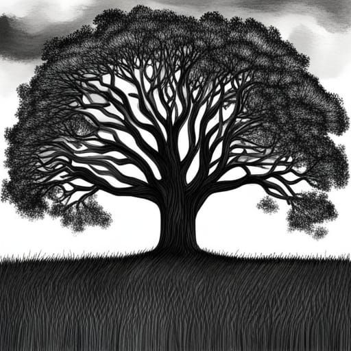 Detailed Gouache Oak Tree Line Art