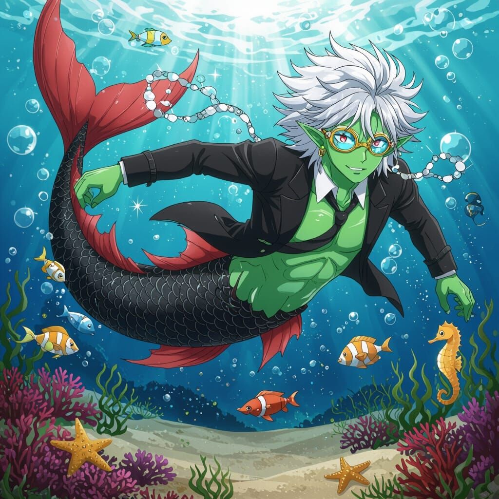 Anime Merman with Green Skin and Black Tail
