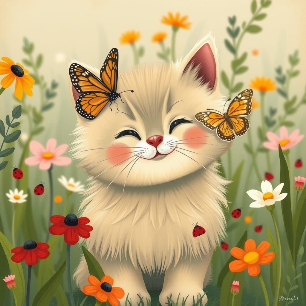 Kitten with Butterfly in Dreamy Folk Art Meadow