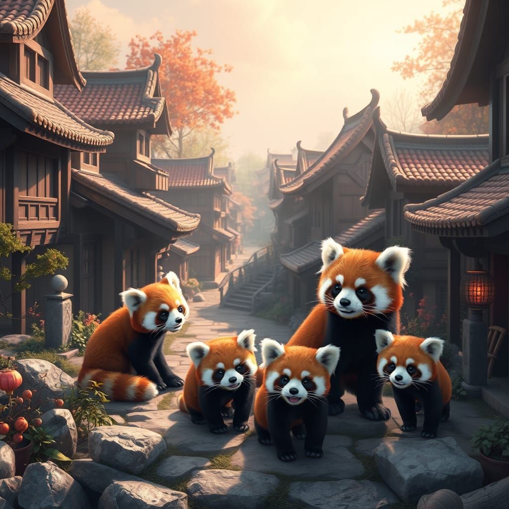 Red Pandas Explore Chinese Village in Anime Style