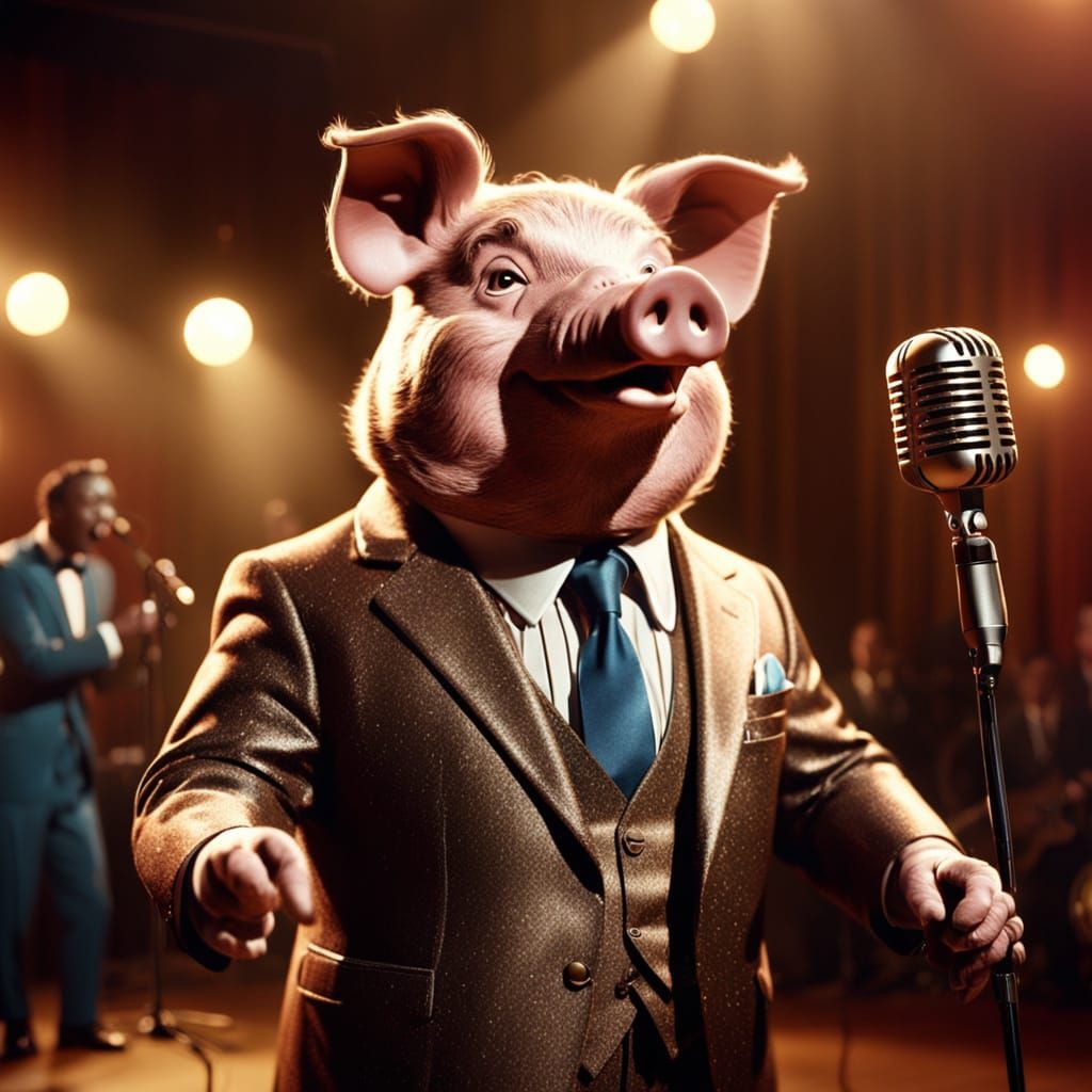 blues singing pig dressed in shiny brown suit with 1950's hairstyle