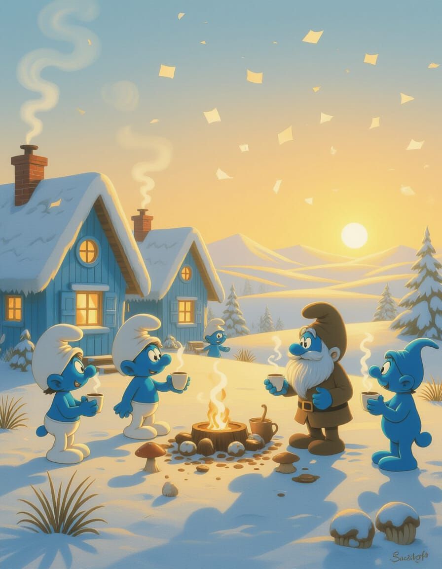 Surreal Desert Dawn with Smurfs and Moomins