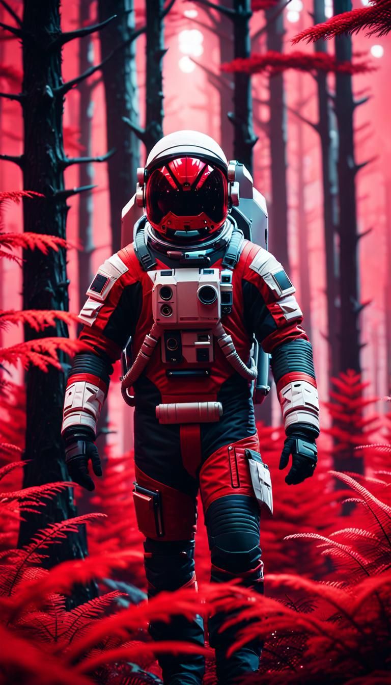 Astronaut in Red Forest: Dark Fantasy Concept Art