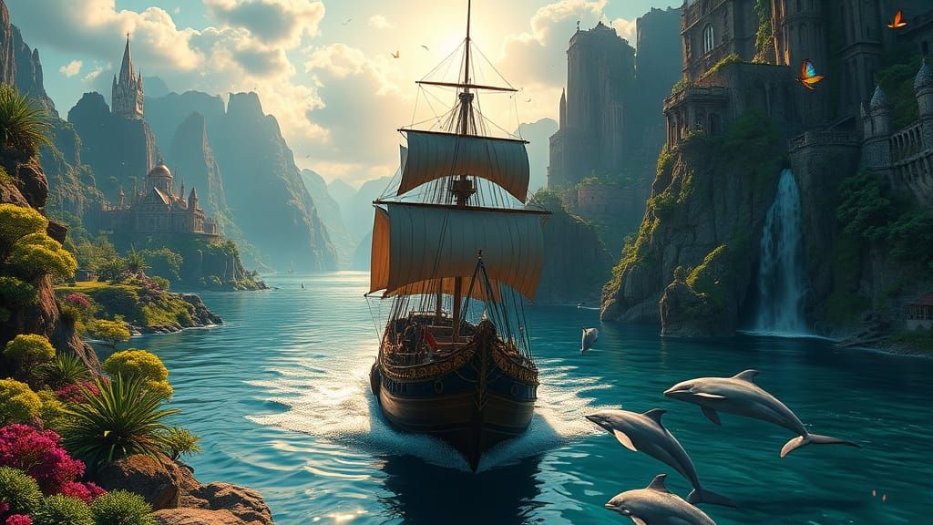 Luxurious Sailing Ship Amidst Tropical Paradise