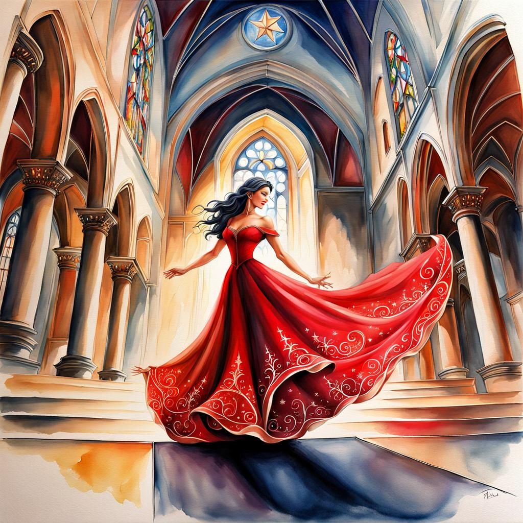 Dancing Woman in Church: Watercolor Poster Art