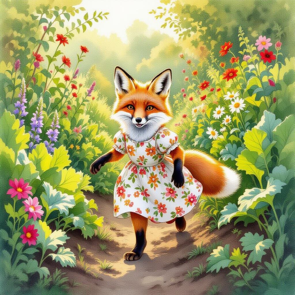 Fox in Floral Dress Steals Into Garden, Whimsical Art