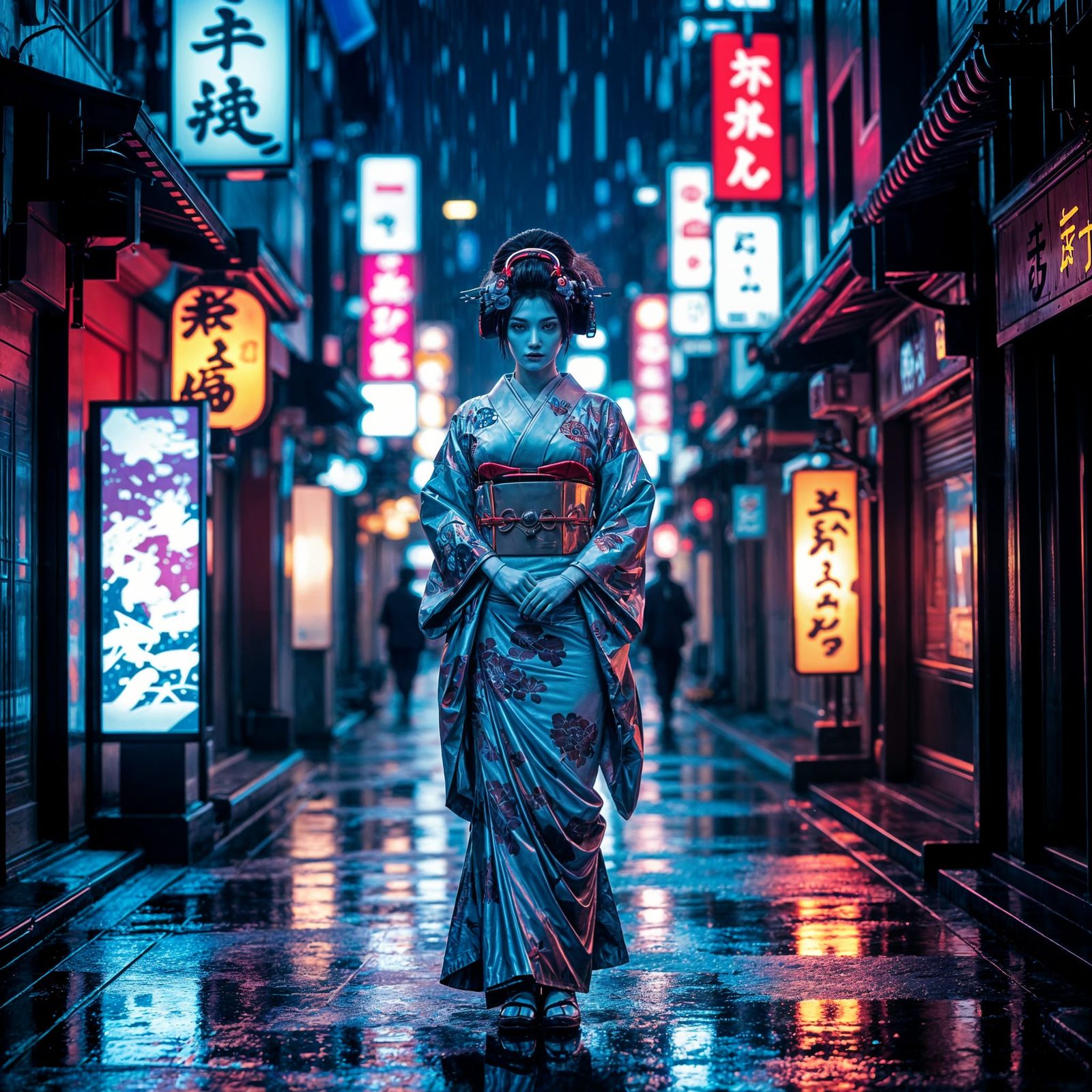 Futuristic Geisha Cyborg in Neon Tokyo Alleyway