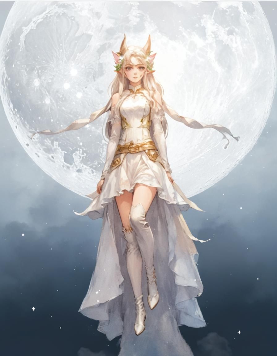 Anime Elf with Cat Ears and Rising Moon