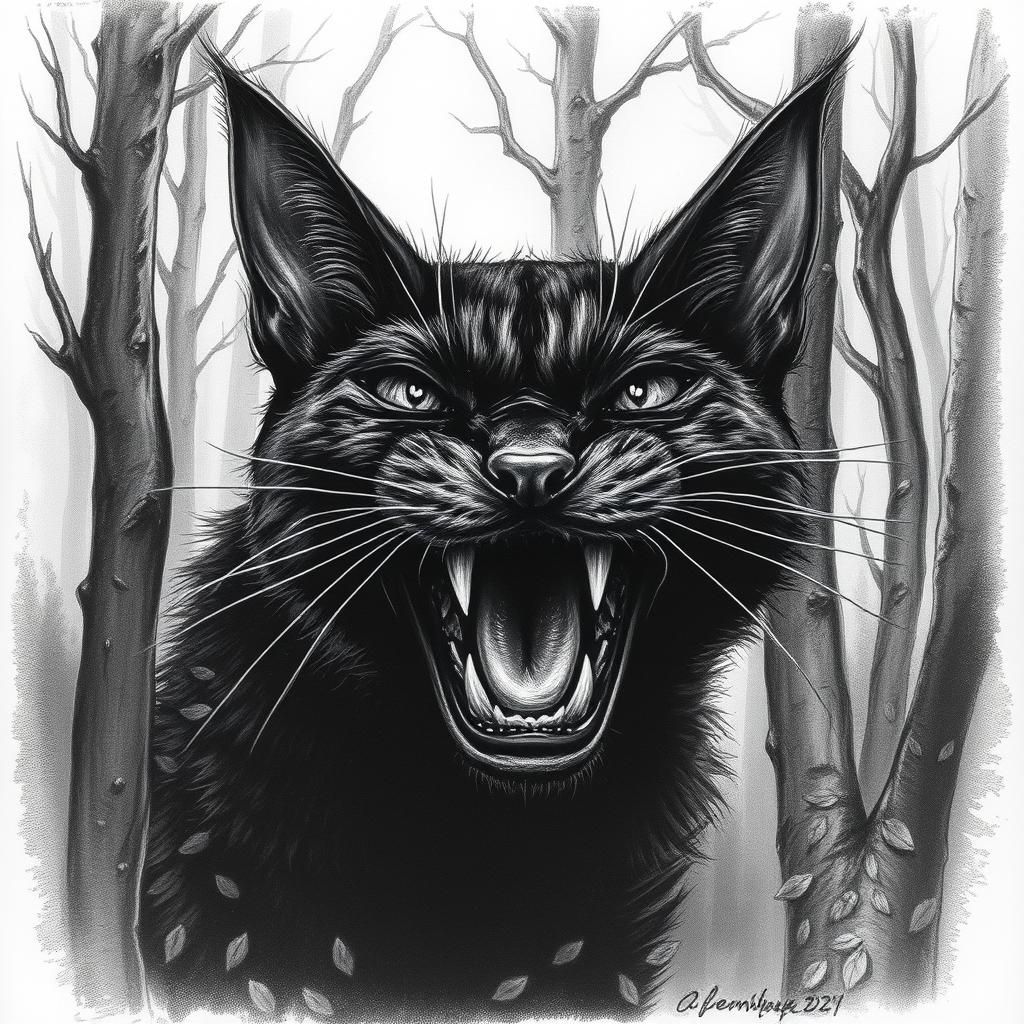 Black Cat Monster in Woods: Gothic Charcoal Art