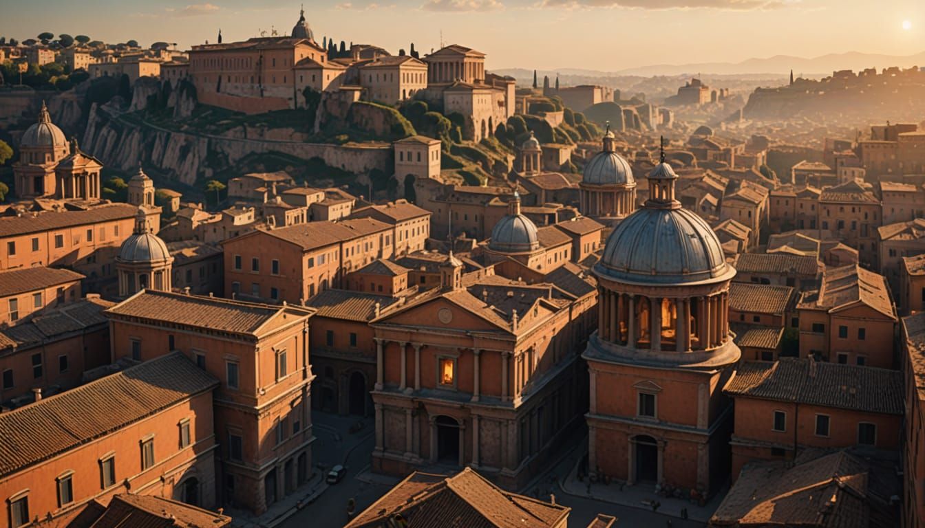 Ancient Rome at Sunset: Hyper-Realistic Aerial View