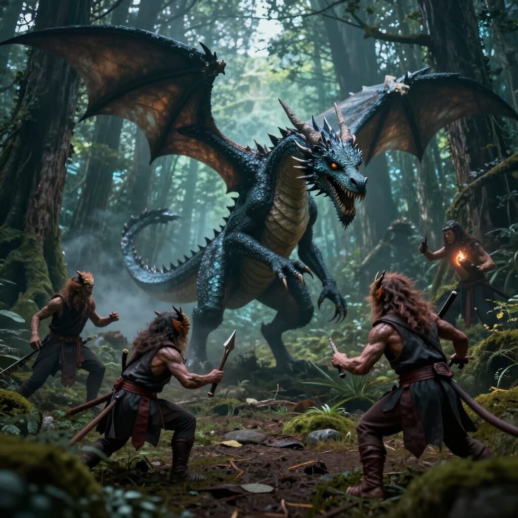 Trippy Dragon Battles Demons in Deep Forest