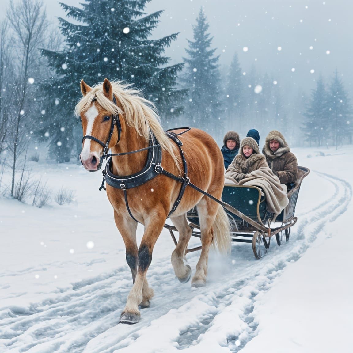 Haflinger Horse Pulls Sleigh Through Snowy Fog