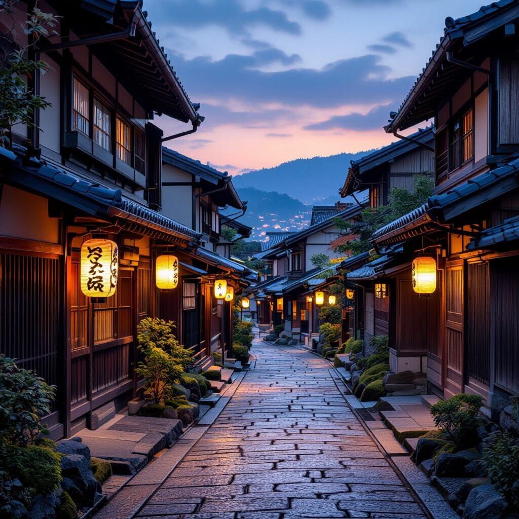 Tranquil Japanese Street at Dusk: Traditional Architecture