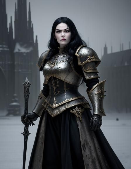 Warhammer 40k armor. Medium shot. Snow White in Power Armor, battle-worn, amidst a dark gothic cathedral. Low-angle shot...