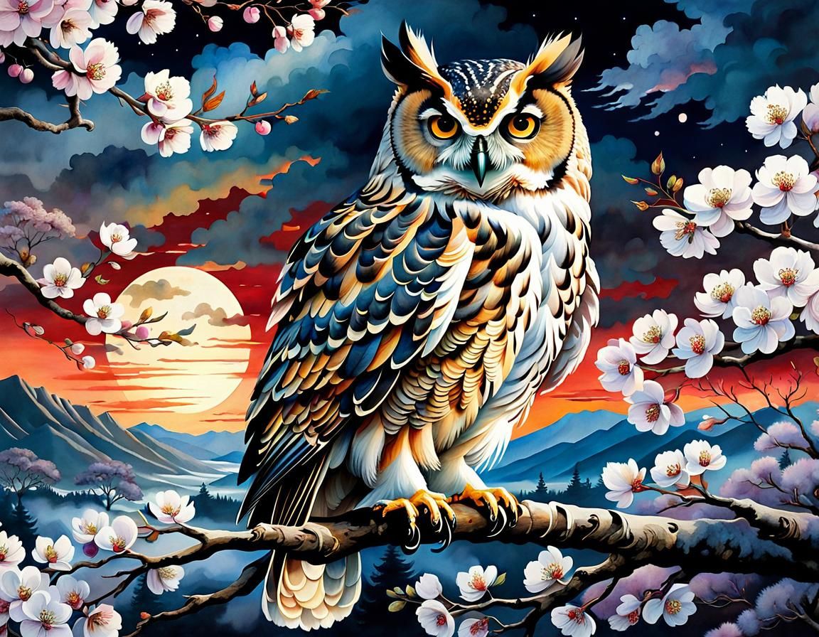 Majestic Owl in Cherry Tree, Watercolor Art